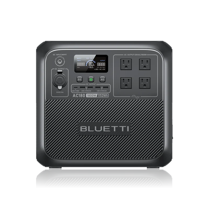 BLUETTI AC180 front view with four US AC outlets, display, USB ports, and 12V car outlet