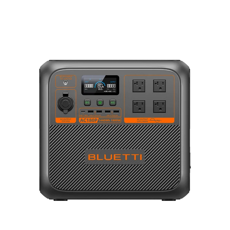 BLUETTI AC180P front view with four US AC outlets, display, USB ports, and 12V car outlet