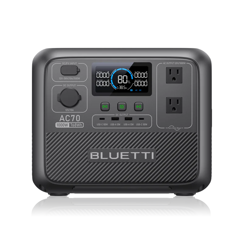 BLUETTI AC70 front view with two US AC outlets, USB ports, display, and 12V car outlet