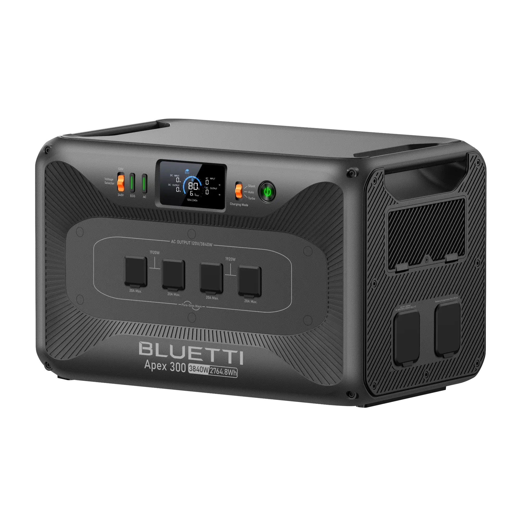 BLUETTI APEX 300 power station with four covered front AC outlets, screen, controls, and side battery connections