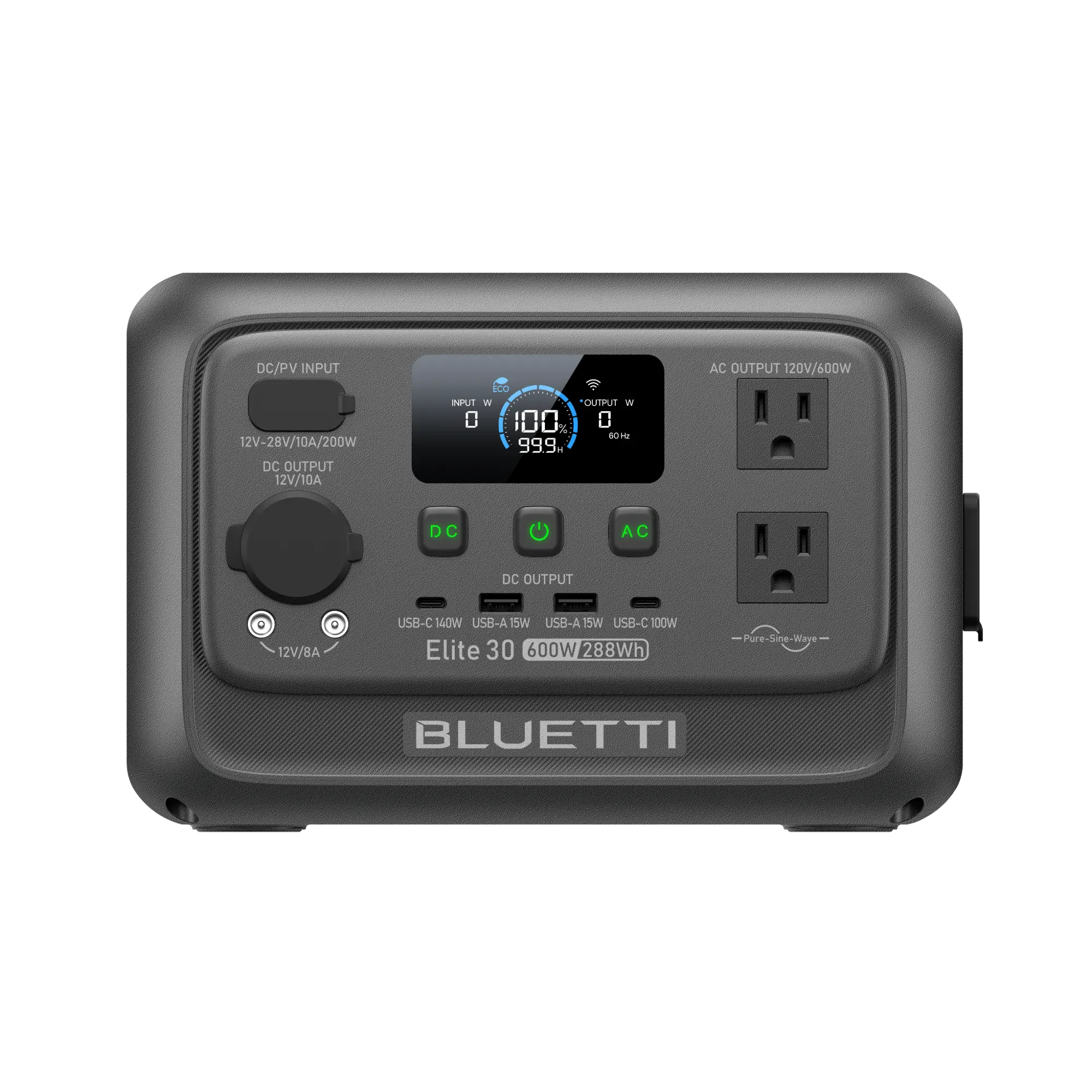 BLUETTI Elite 30 V2 in Deep Grey showing the screen, two US AC outlets, and USB and DC connections