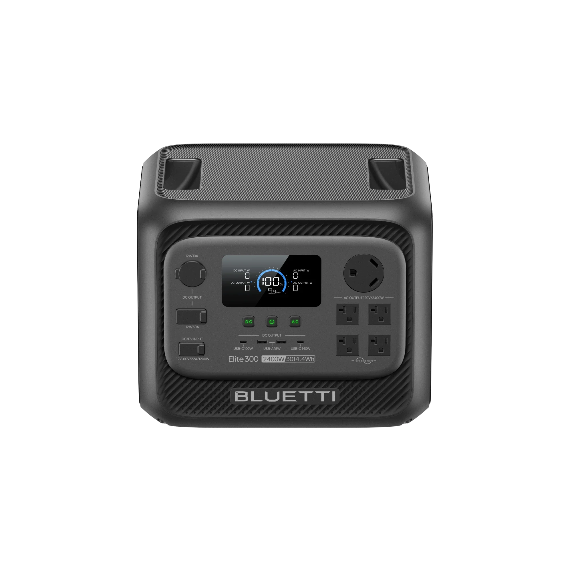 BLUETTI Elite 300 front view showing its TT-30 RV outlet, four household AC outlets, USB ports, and 12V connections